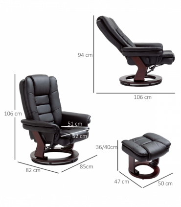 Swivel Manual Recliner and Footrest Set PU Lounge Chair Wood Base, Black