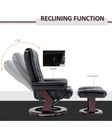 Swivel Manual Recliner and Footrest Set PU Lounge Chair Wood Base, Black