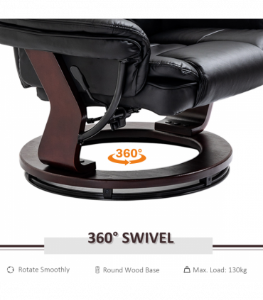 Swivel Manual Recliner and Footrest Set PU Lounge Chair Wood Base, Black