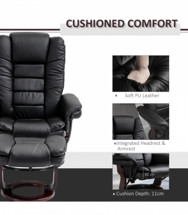 Swivel Manual Recliner and Footrest Set PU Lounge Chair Wood Base, Black