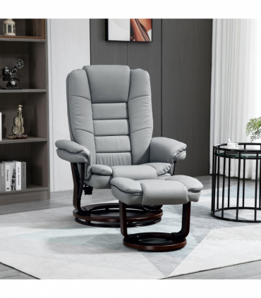 Swivel Manual Recliner and Footrest Set PU Lounge Chair Wood Base, Grey