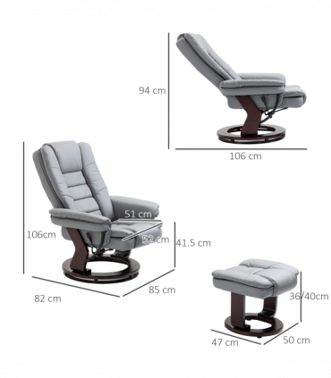 Swivel Manual Recliner and Footrest Set PU Lounge Chair Wood Base, Grey