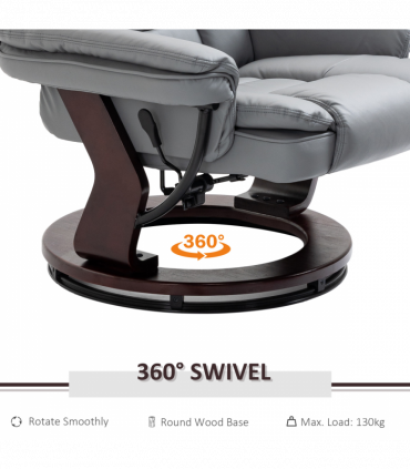 Swivel Manual Recliner and Footrest Set PU Lounge Chair Wood Base, Grey