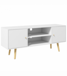 TV Stand Cabinet with Cable Management and Wood Legs Living Room, White