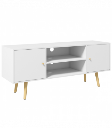 TV Stand Cabinet with Cable Management and Wood Legs Living Room, White