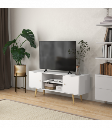 TV Stand Cabinet with Cable Management and Wood Legs Living Room, White