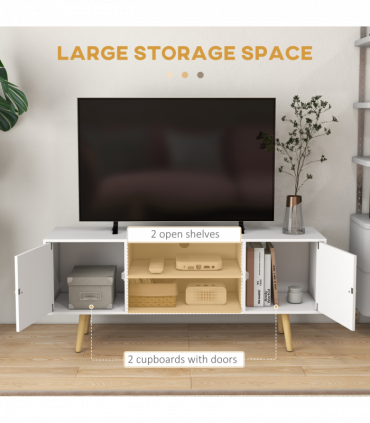 TV Stand Cabinet with Cable Management and Wood Legs Living Room, White