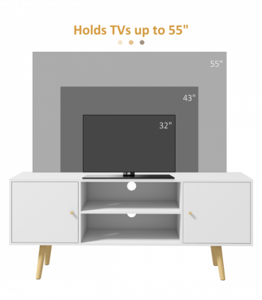 TV Stand Cabinet with Cable Management and Wood Legs Living Room, White