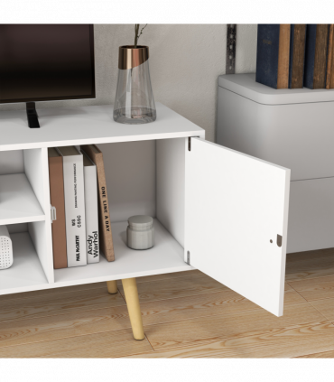TV Stand Cabinet with Cable Management and Wood Legs Living Room, White