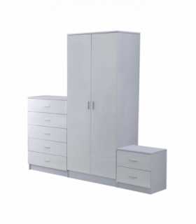 Tall White High Gloss Wardrobes 3 Pc Chest Bedside Table 7 Drawer