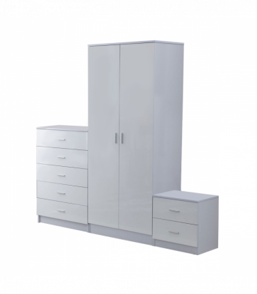 Tall White High Gloss Wardrobes 3 Pc Chest Bedside Table 7 Drawer