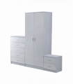 Tall White High Gloss Wardrobes 3 Pc Chest Bedside Table 7 Drawer