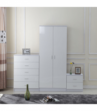 Tall White High Gloss Wardrobes 3 Pc Chest Bedside Table 7 Drawer