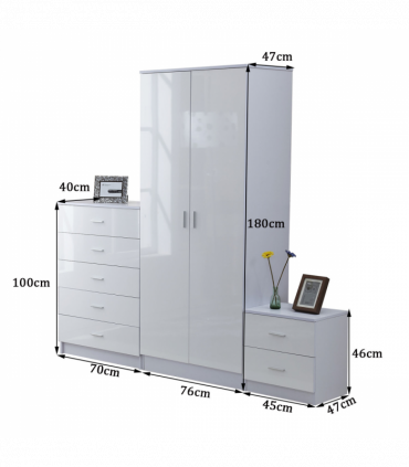 Tall White High Gloss Wardrobes 3 Pc Chest Bedside Table 7 Drawer