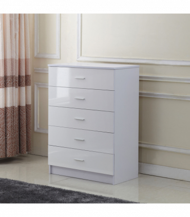 Tall White High Gloss Wardrobes 3 Pc Chest Bedside Table 7 Drawer