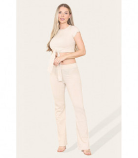 Tie Belt Front Cropped Loungewear Ribbed Trousers Set