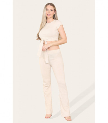 Tie Belt Front Cropped Loungewear Ribbed Trousers Set