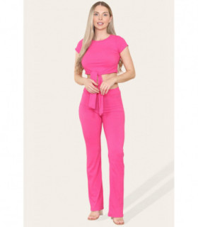 Tie Belt Front Cropped Loungewear Ribbed Trousers Set