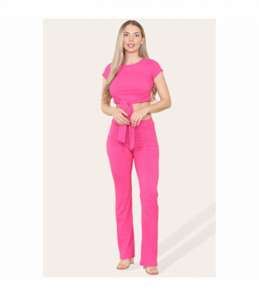 Tie Belt Front Cropped Loungewear Ribbed Trousers Set