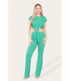 Tie Belt Front Cropped Loungewear Ribbed Trousers Set