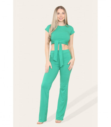 Tie Belt Front Cropped Loungewear Ribbed Trousers Set