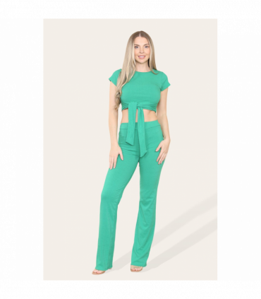 Tie Belt Front Cropped Loungewear Ribbed Trousers Set