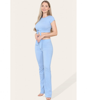 Tie Belt Front Cropped Loungewear Ribbed Trousers Set