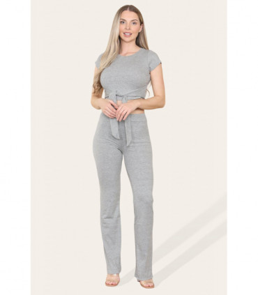 Tie Belt Front Cropped Loungewear Ribbed Trousers Set
