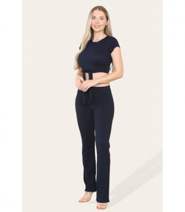 Tie Belt Front Cropped Loungewear Ribbed Trousers Set