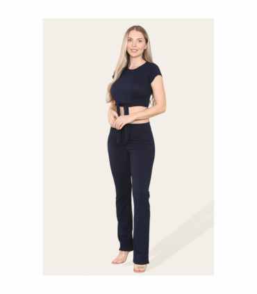 Tie Belt Front Cropped Loungewear Ribbed Trousers Set