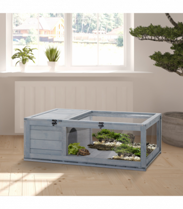 Tortoise House with Mesh Roof, Small Pet Reptile Wooden House, Grey