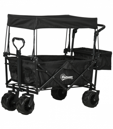 Trolley Cart Storage Wagon 4 Wheels w/ 2 Compartments Handle, Canopy, Black