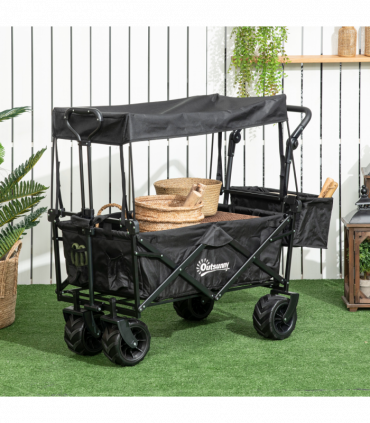 Trolley Cart Storage Wagon 4 Wheels w/ 2 Compartments Handle, Canopy, Black
