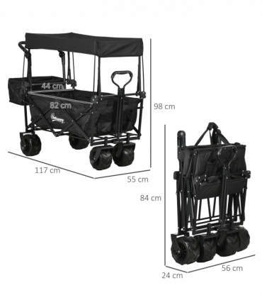Trolley Cart Storage Wagon 4 Wheels w/ 2 Compartments Handle, Canopy, Black