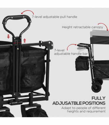 Trolley Cart Storage Wagon 4 Wheels w/ 2 Compartments Handle, Canopy, Black