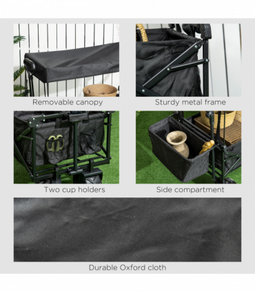 Trolley Cart Storage Wagon 4 Wheels w/ 2 Compartments Handle, Canopy, Black