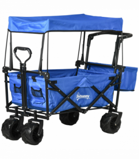 Trolley Cart Storage Wagon 4 Wheels w/ 2 Compartments Handle, Canopy, Blue