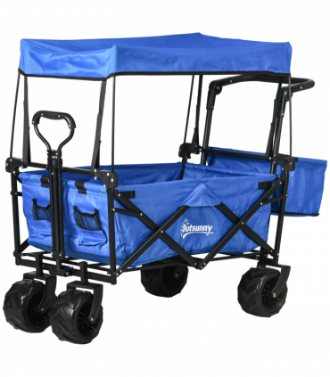 Trolley Cart Storage Wagon 4 Wheels w/ 2 Compartments Handle, Canopy, Blue