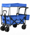 Trolley Cart Storage Wagon 4 Wheels w/ 2 Compartments Handle, Canopy, Blue
