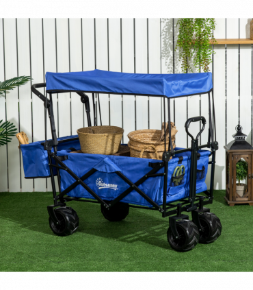 Trolley Cart Storage Wagon 4 Wheels w/ 2 Compartments Handle, Canopy, Blue