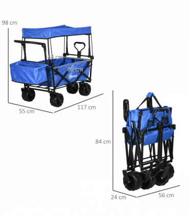 Trolley Cart Storage Wagon 4 Wheels w/ 2 Compartments Handle, Canopy, Blue