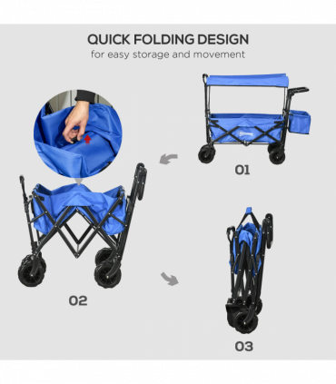 Trolley Cart Storage Wagon 4 Wheels w/ 2 Compartments Handle, Canopy, Blue