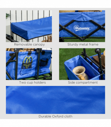 Trolley Cart Storage Wagon 4 Wheels w/ 2 Compartments Handle, Canopy, Blue