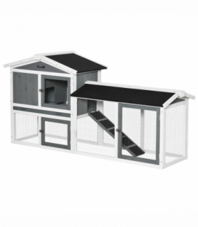 Two-Tier Wooden Rabbit Hutch Small Animal House w/ Run Box, Slide-Out Tray, Ramp