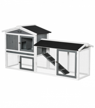 Two-Tier Wooden Rabbit Hutch Small Animal House w/ Run Box, Slide-Out Tray, Ramp