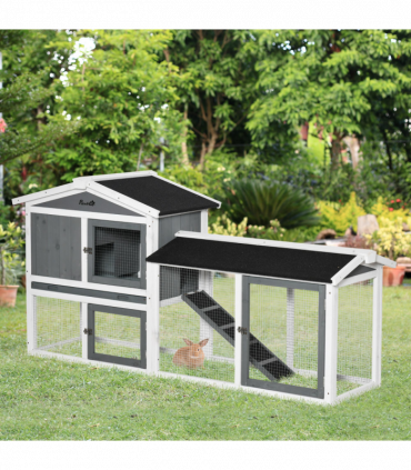 Two-Tier Wooden Rabbit Hutch Small Animal House w/ Run Box, Slide-Out Tray, Ramp