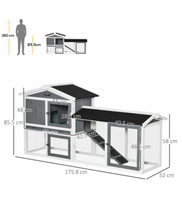 Two-Tier Wooden Rabbit Hutch Small Animal House w/ Run Box, Slide-Out Tray, Ramp