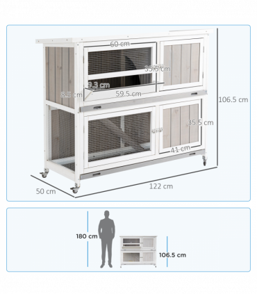 Two-Tier Wooden Rabbit Hutch w/ Wheels, Trough, Rain Cover, Tray - Grey Pawhut