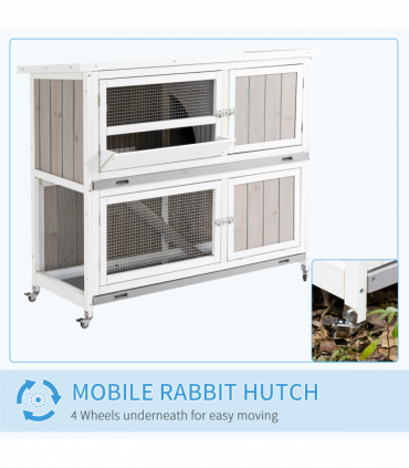 Two-Tier Wooden Rabbit Hutch w/ Wheels, Trough, Rain Cover, Tray - Grey Pawhut