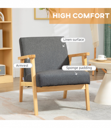 Upholstered Armchair Accent Chair w/ Rubber Wood Legs for Living Room Dark Grey